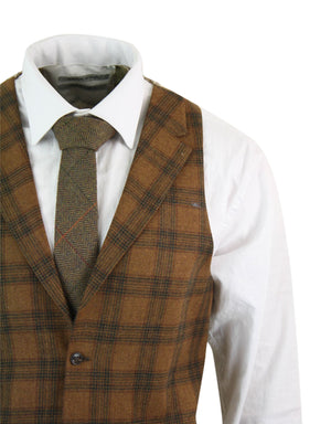 Mens Waistcoat Wool Check Herringbone Tweed Brown Black Classic Vintage Fit-TruClothing