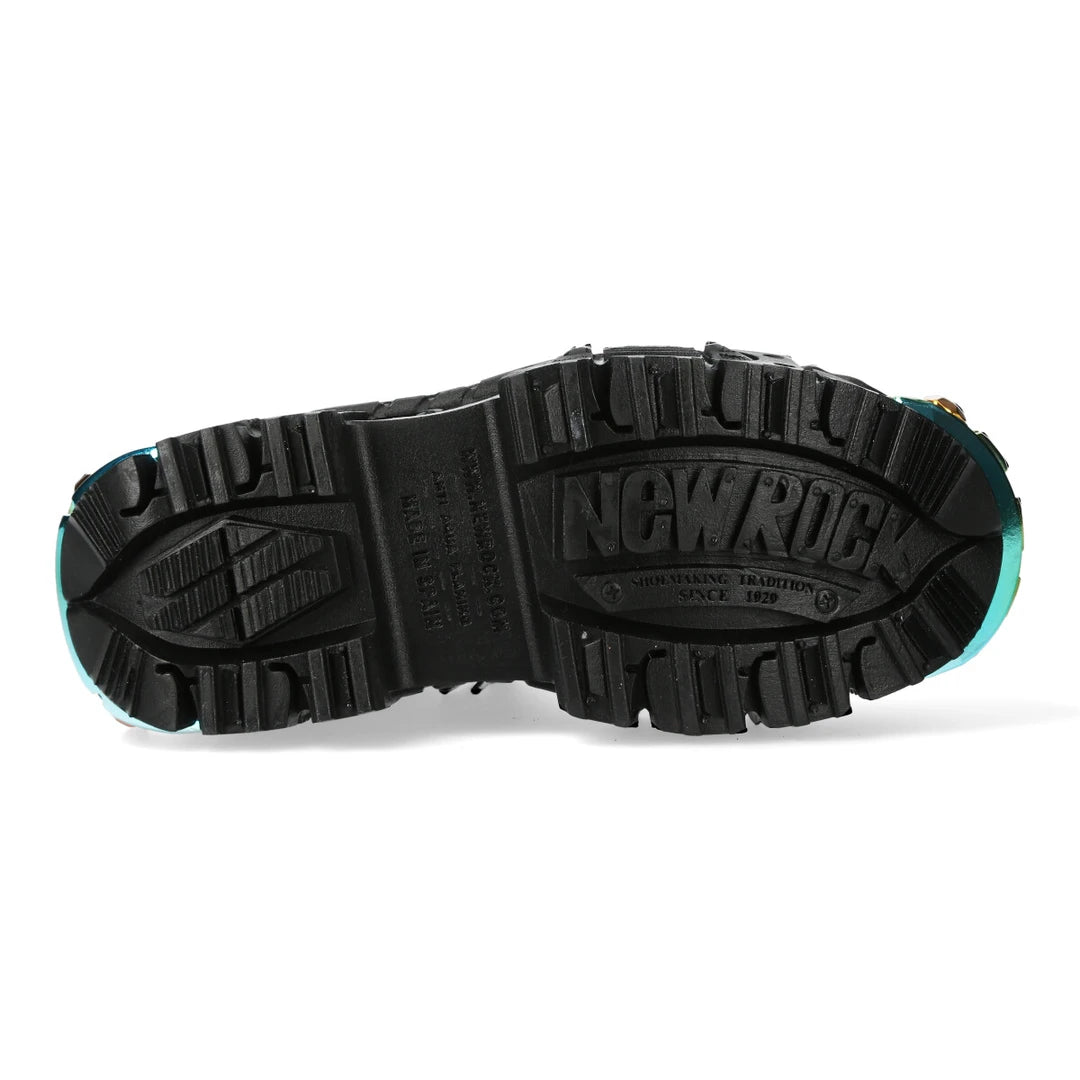 Bottines New Rock WALL83CCT-S8 boots unisexe cuir noir détails métalliques semelle compensée style gothique