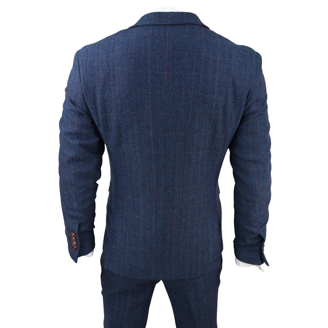 Herren Blau 3 Teilig Anzug Herringbone Tweed Überprüft Formal Kleid Anzüge