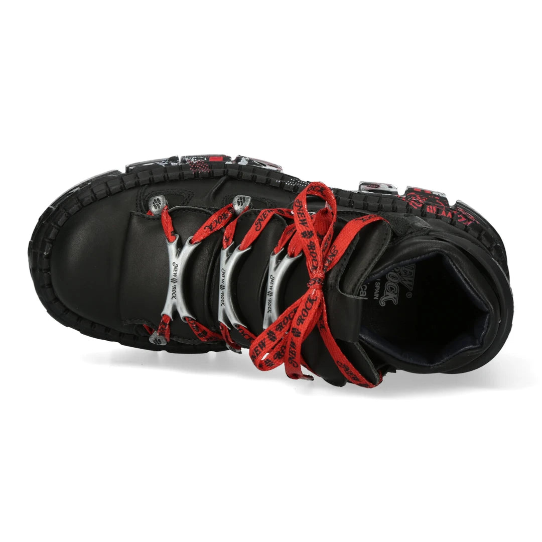 Bottines New Rock WALL106-C9 boots unisexe cuir noir détails métalliques semelle compensée style gothique