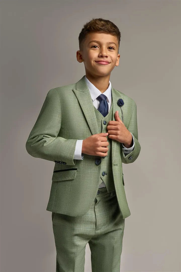 Caridi – 3-teiliger Tweed-Anzug mit Salbei-Karomuster für Jungen