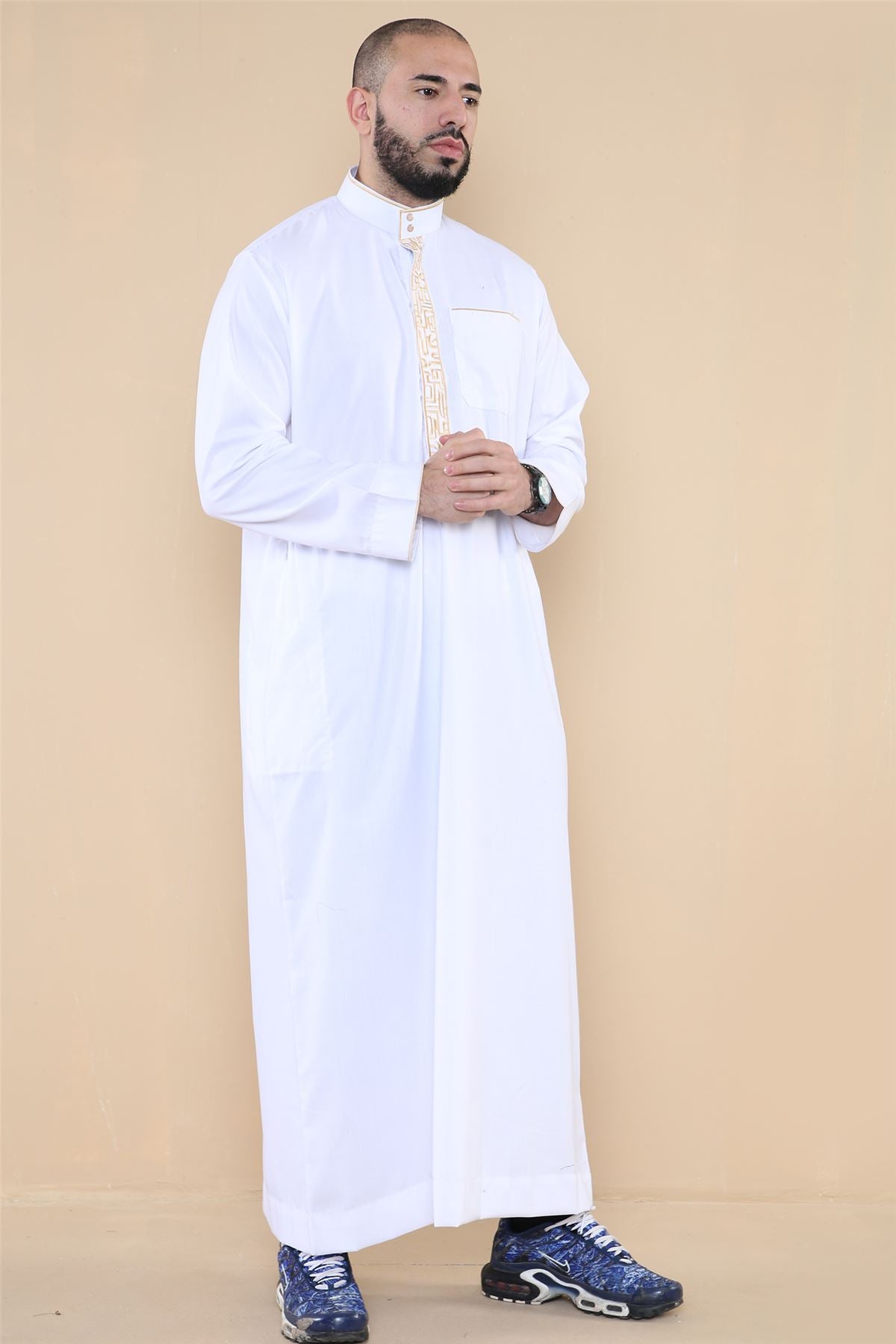 Thobe Jubba da Uomo Colletto Nehru Islamico Musulmano Cotone Kaftan Ricamo Eid Robe Saudi