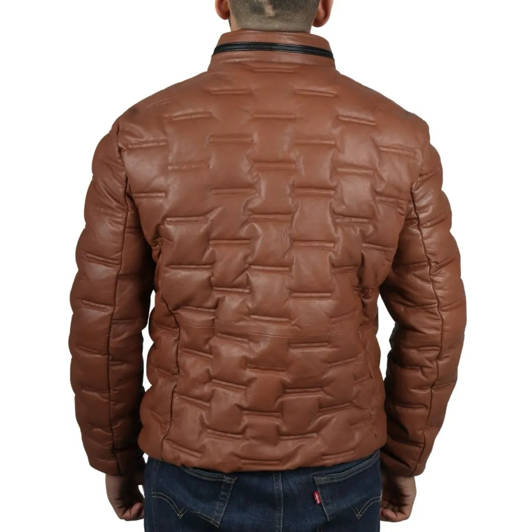 Men's Puffer Quilted Real Leather Waist Length Jacket