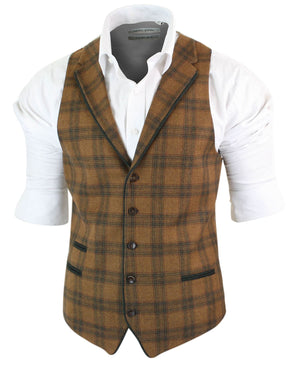 Mens Waistcoat Wool Check Herringbone Tweed Brown Black Classic Vintage Fit-TruClothing