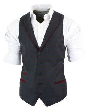 Mens Waistcoat Wool Check Herringbone Tweed Brown Black Classic Vintage Fit-TruClothing