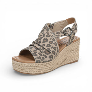 Amira - Sandalias de tacón cuña de mujer estampadas beige