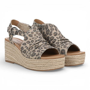 Amira - Sandalias de tacón cuña de mujer estampadas beige