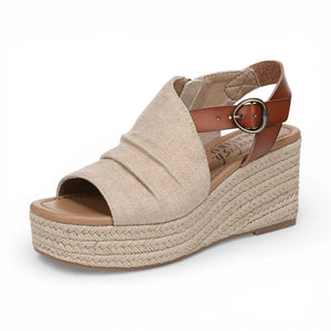 Amira - Sandalias tacón cuña tira trasera ajustable Mujer marrón beige