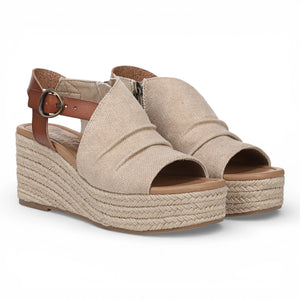 Amira - Sandalias tacón cuña tira trasera ajustable Mujer marrón beige