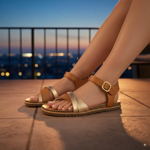 Monti-B - Women's Tan Strappy Buckle Wedge Sandals-TruClothing