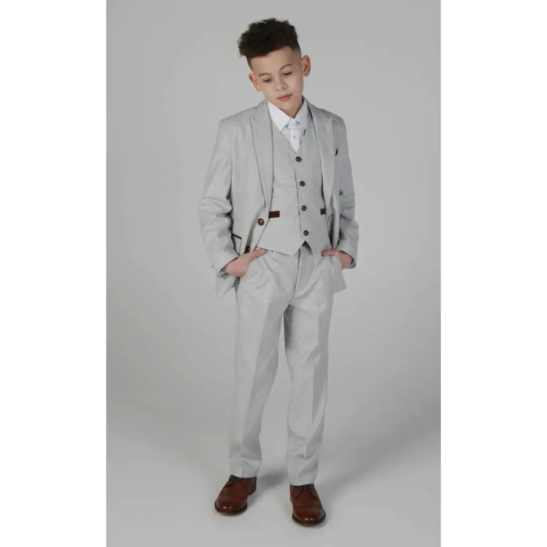 Mark - Boy's Grey Stone 3 Piece Tweed Check Suit