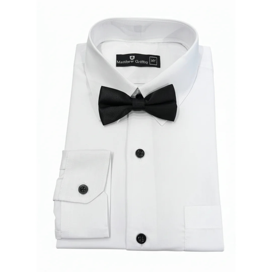 Boys White Long Sleeve Button-Down Tuxedo Shirt with Bow Tie-TruClothing