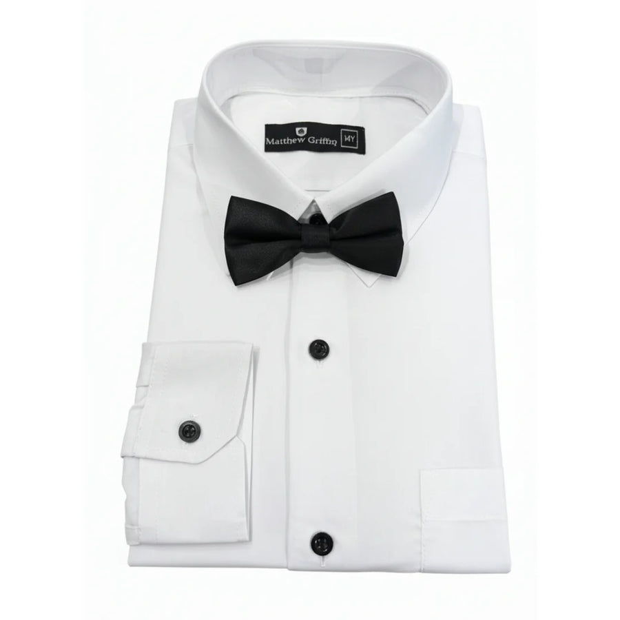 Boys White Long Sleeve Button-Down Tuxedo Shirt with Bow Tie-TruClothing