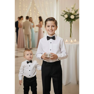 Boys White Long Sleeve Button-Down Tuxedo Shirt with Bow Tie-TruClothing