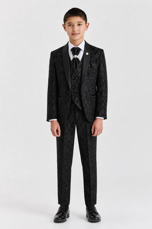 Boys Black Jacquard Floral Shawl Lapel Tuxedo 4-Piece Suit