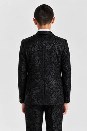 Boys Black Jacquard Floral Shawl Lapel Tuxedo 4-Piece Suit