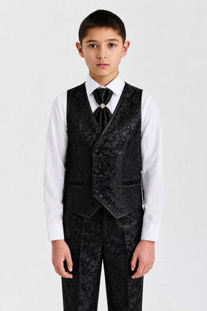 Boys Black Jacquard Floral Shawl Lapel Tuxedo 4-Piece Suit