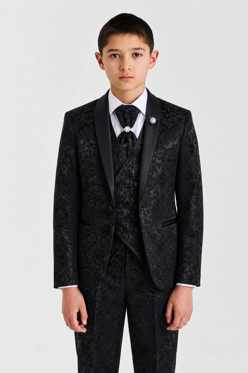 Boys Black Jacquard Floral Shawl Lapel Tuxedo 4-Piece Suit