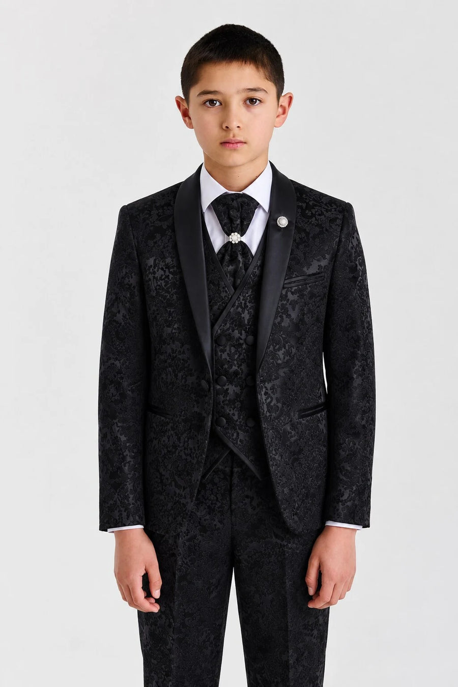 Boys Black Jacquard Floral Shawl Lapel Tuxedo 4-Piece Suit