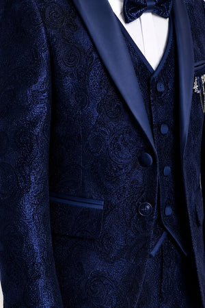 Boys Navy Blue Paisley Jacquard Brocade Tuxedo 4-Piece Suit