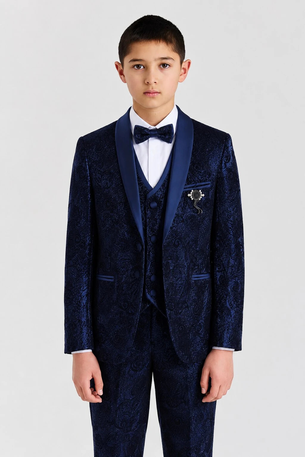 Boys Navy Blue Paisley Jacquard Brocade Tuxedo 4-Piece Suit