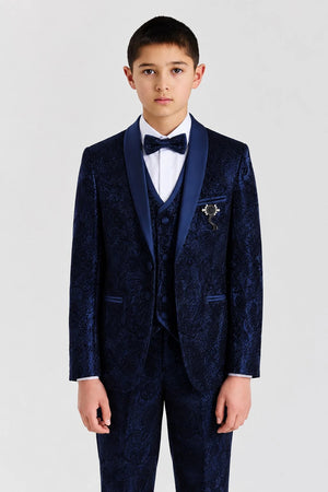 Boys Navy Blue Paisley Jacquard Brocade Tuxedo 4-Piece Suit