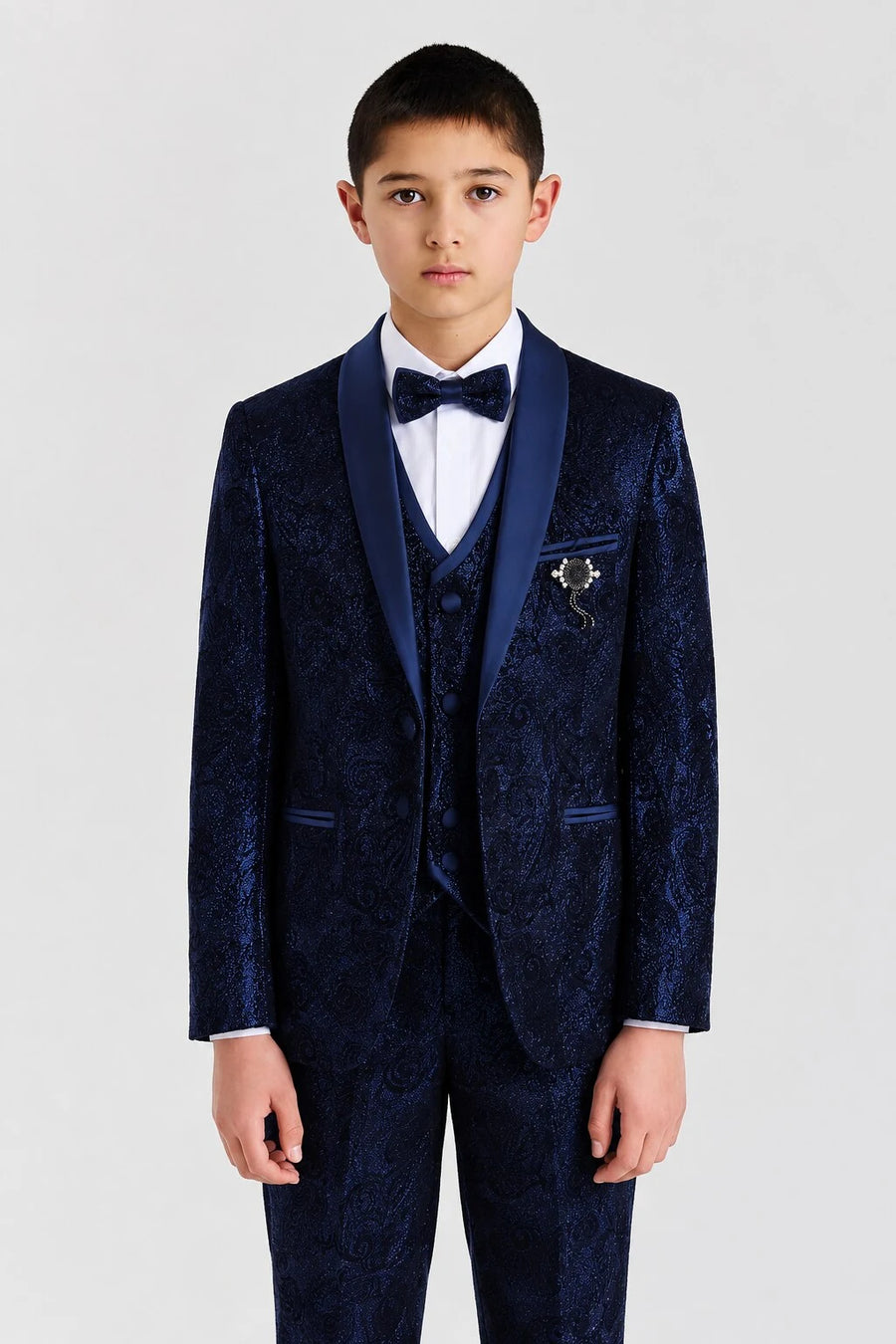 Boys Navy Blue Paisley Jacquard Brocade Tuxedo 4-Piece Suit