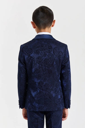 Boys Navy Blue Paisley Jacquard Brocade Tuxedo 4-Piece Suit