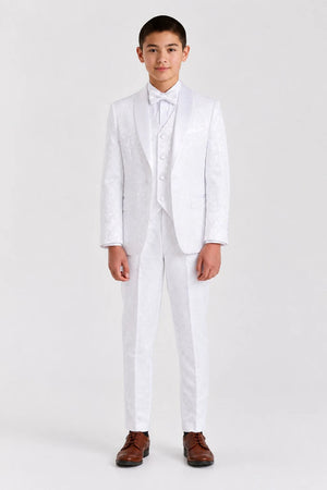 Boys White Floral Brocade Shawl Lapel 4-Piece Suit