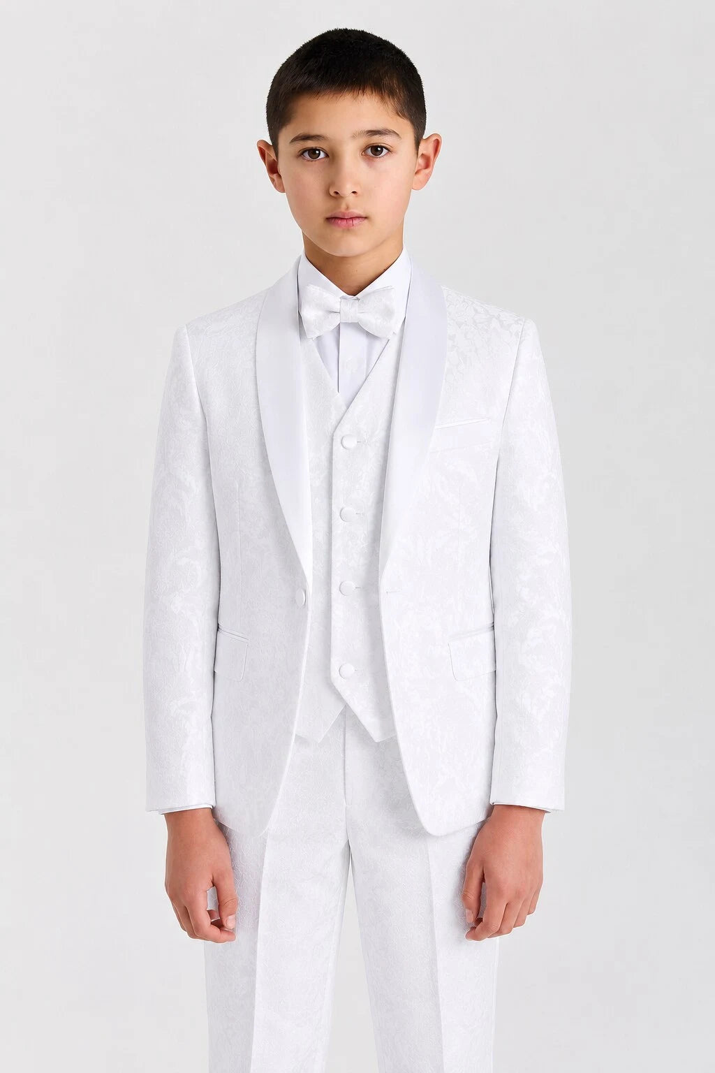 Boys White Floral Brocade Shawl Lapel 4-Piece Suit