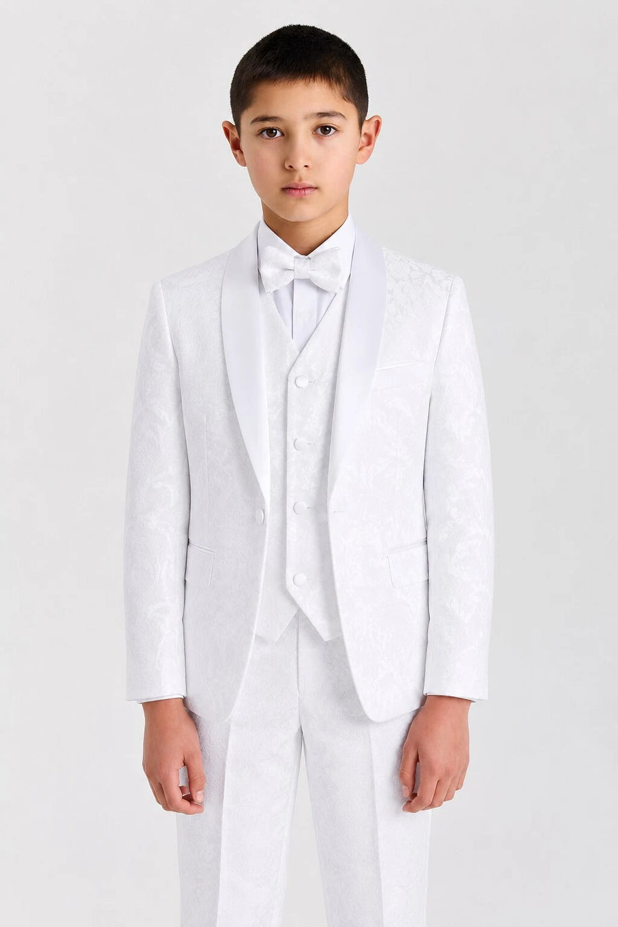 Boys White Floral Brocade Shawl Lapel 4-Piece Suit