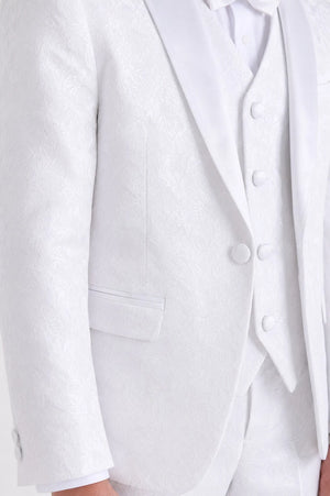 Boys White Floral Brocade Shawl Lapel 4-Piece Suit
