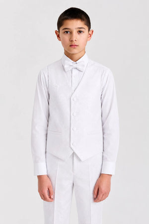 Boys White Floral Brocade Shawl Lapel 4-Piece Suit