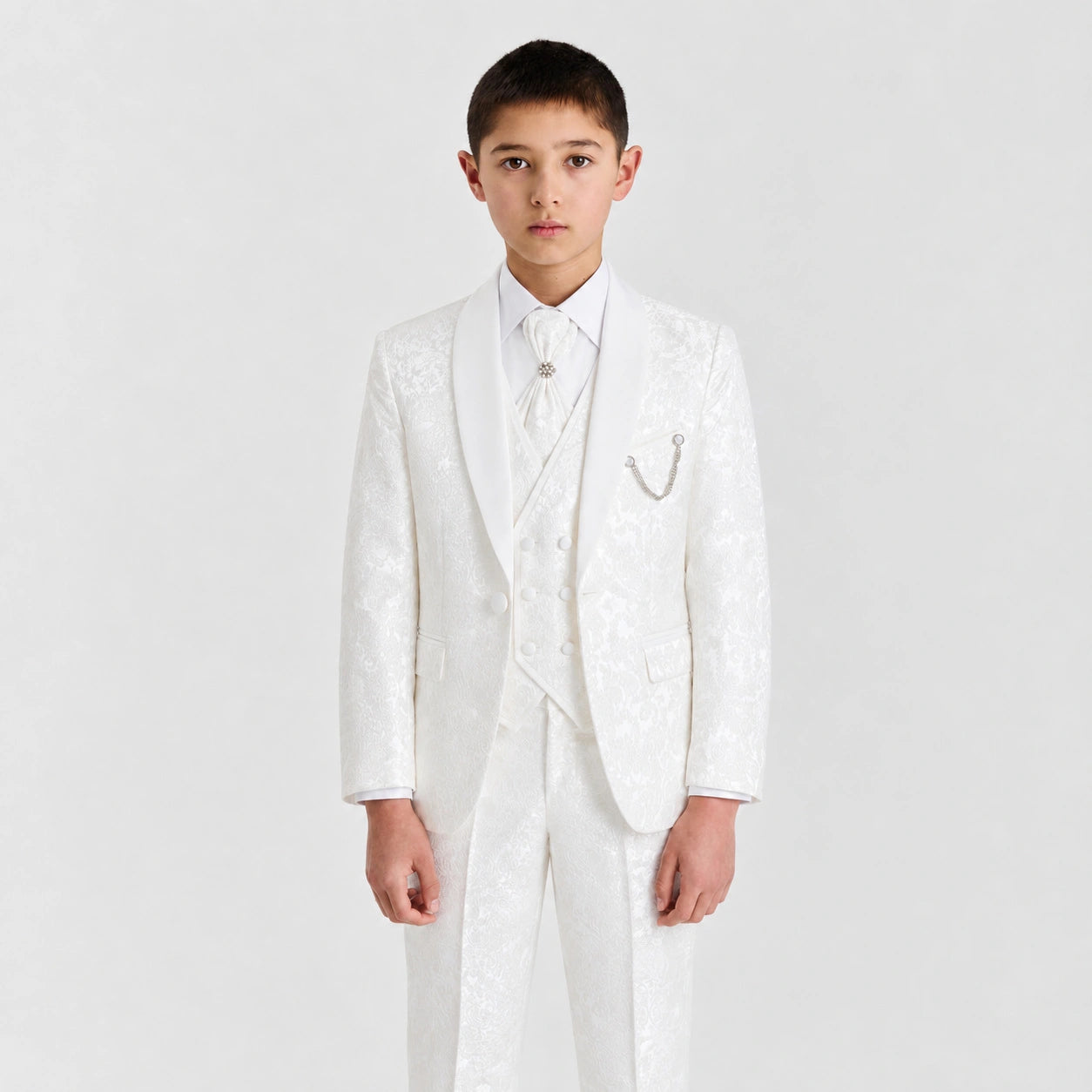 Boys White Floral Jacquard 4-Piece Shawl Lapel Suit