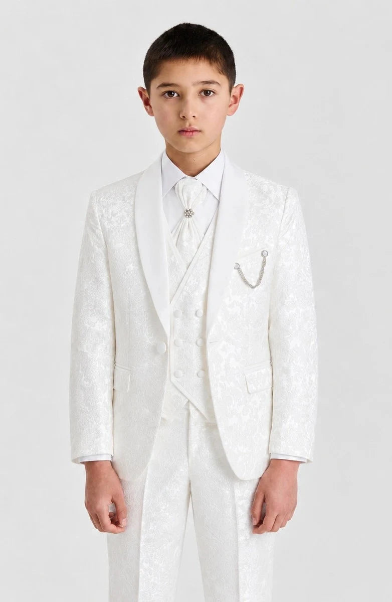 Boys White Floral Jacquard 4-Piece Shawl Lapel Suit
