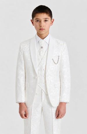 Boys White Floral Jacquard 4-Piece Shawl Lapel Suit