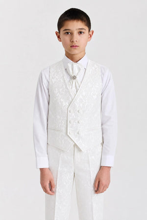 Boys White Floral Jacquard 4-Piece Shawl Lapel Suit