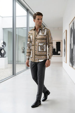 Men's Baroque Satin Feel Button Down Dress Shirt