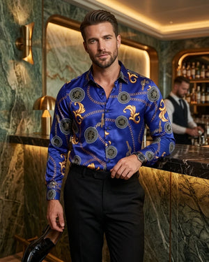 Men's Baroque Satin Feel Button Down Dress Shirt
