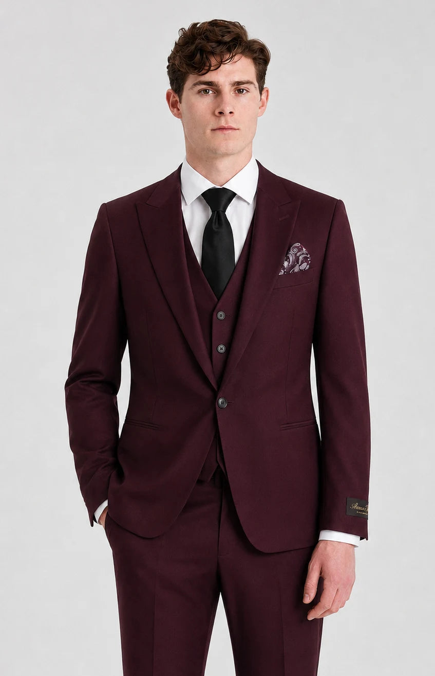 Men's Burgundy Wine 3 Piece Tailored Fit Suit