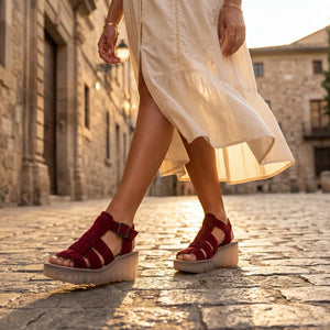 BAIC621FLY - Women’s Berry Red Suede Leather Wedge Sandal