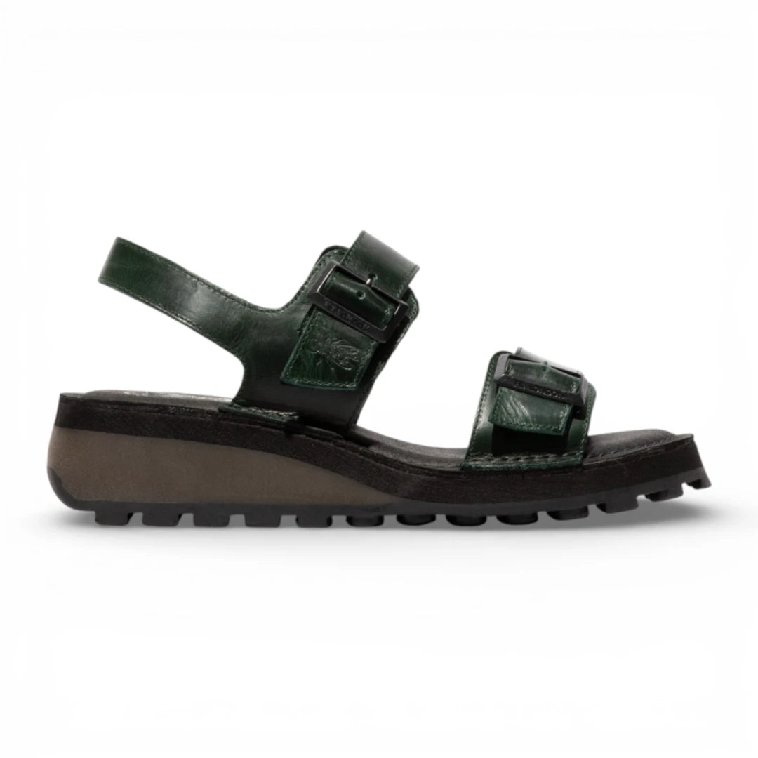 HEIF558FLY - Sandalias de cuña de piel verde con hebilla para mujer