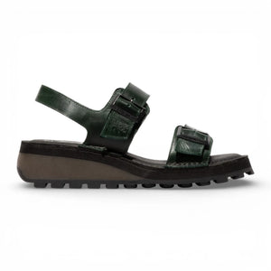 HEIF558FLY - Sandalias de cuña de piel verde con hebilla para mujer