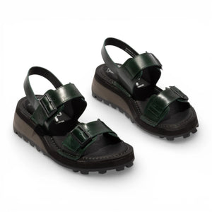 HEIF558FLY - Sandalias de cuña de piel verde con hebilla para mujer