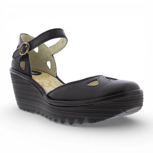 YUNA - Women’s Black Leather Wedge Sandals