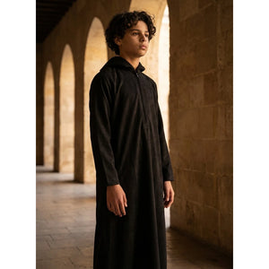 HM12 - Boy's Hooded Suede Emirati Omani Zipped Thobe-TruClothing