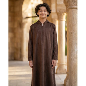 HM12 - Boy's Hooded Suede Emirati Omani Zipped Thobe-TruClothing