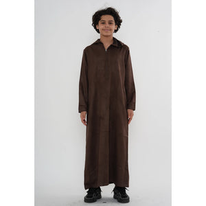 HM12 - Boy's Hooded Suede Emirati Omani Zipped Thobe-TruClothing