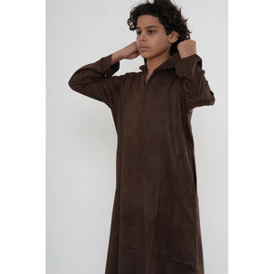 HM12 - Boy's Hooded Suede Emirati Omani Zipped Thobe-TruClothing