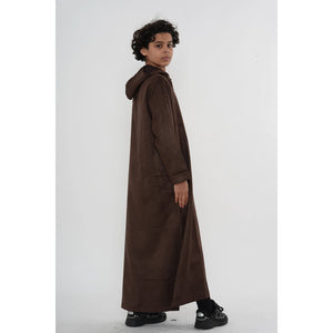 HM12 - Boy's Hooded Suede Emirati Omani Zipped Thobe-TruClothing